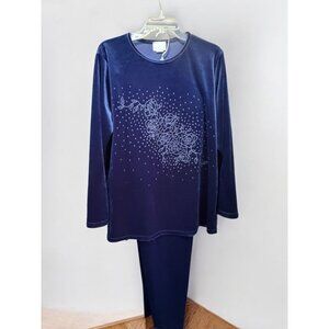 Melissa Molaire 2-Piece Navy Velour Lounge Set 1X Embellished Top & Stretch Pant